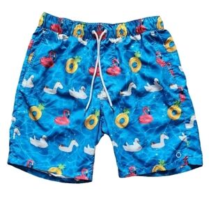 Empyre Swim Trunks Men's Medium Blue Flamingo Pineapple Pool Print Shorts